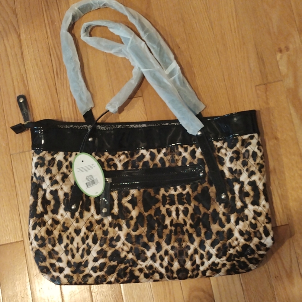 - - Parinda "Fiona" leopard fabric quilt black patent leather trim & handl…